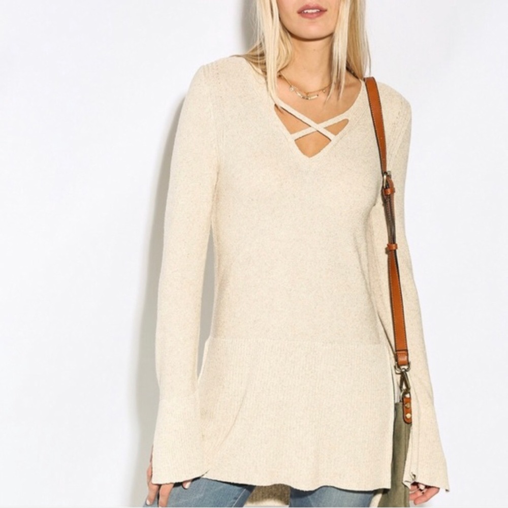 Free People Cream Criss Cross Tunic Sweater Size Small